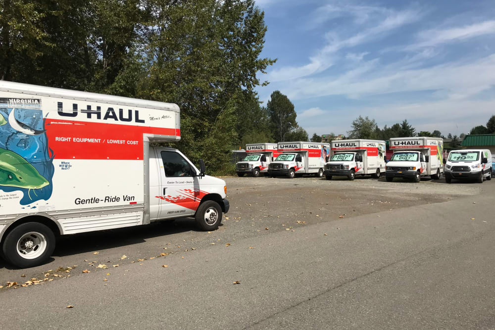 U-Haul moving trucks for rent at Trojan Storage of Puyallup in Puyallup, Washington