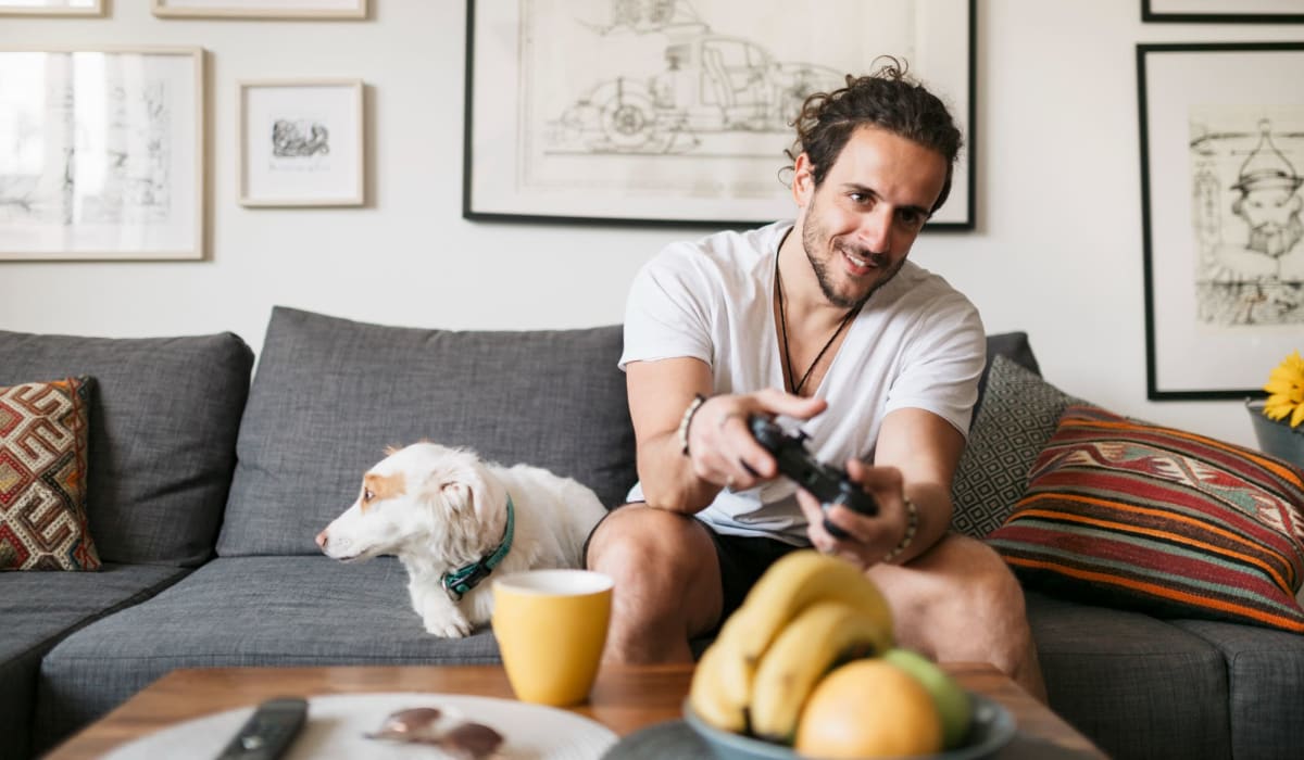 Resident and dog on a couch in a pet-friendly townhome at Clearleaf Crossing in Bryan, Texas