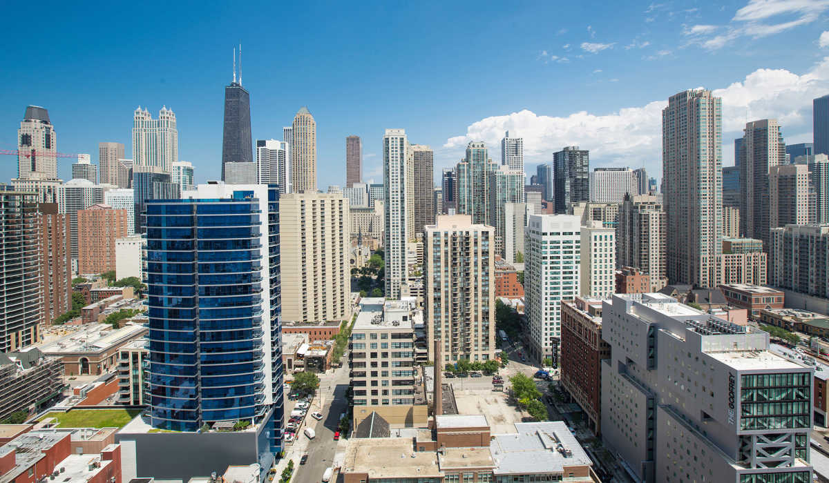 View to the east from Exhibit On Superior in Chicago, Illinois