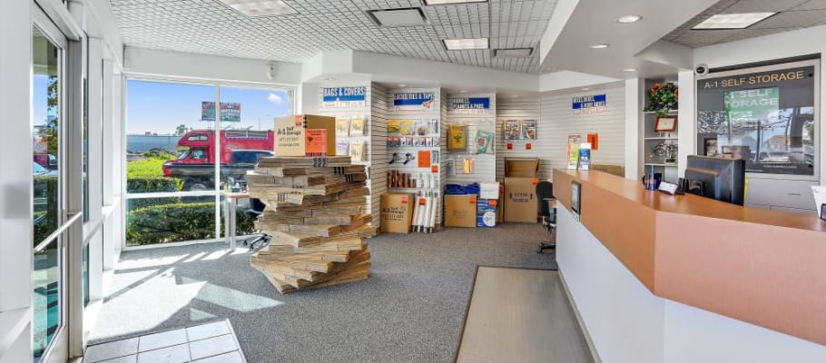 The front office, with boxes and moving supplies, at A-1 Self Storage in Santa Ana, California