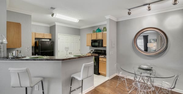 Spacious kitchen with tall chairs in model apartment home at Palms at World Gateway in Orlando, Florida