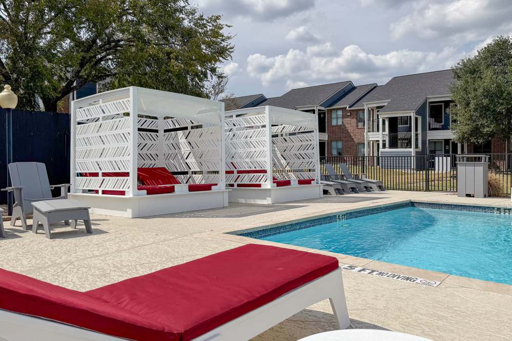 Outdoor cabanas at The Landing College Station in College Station, Texas