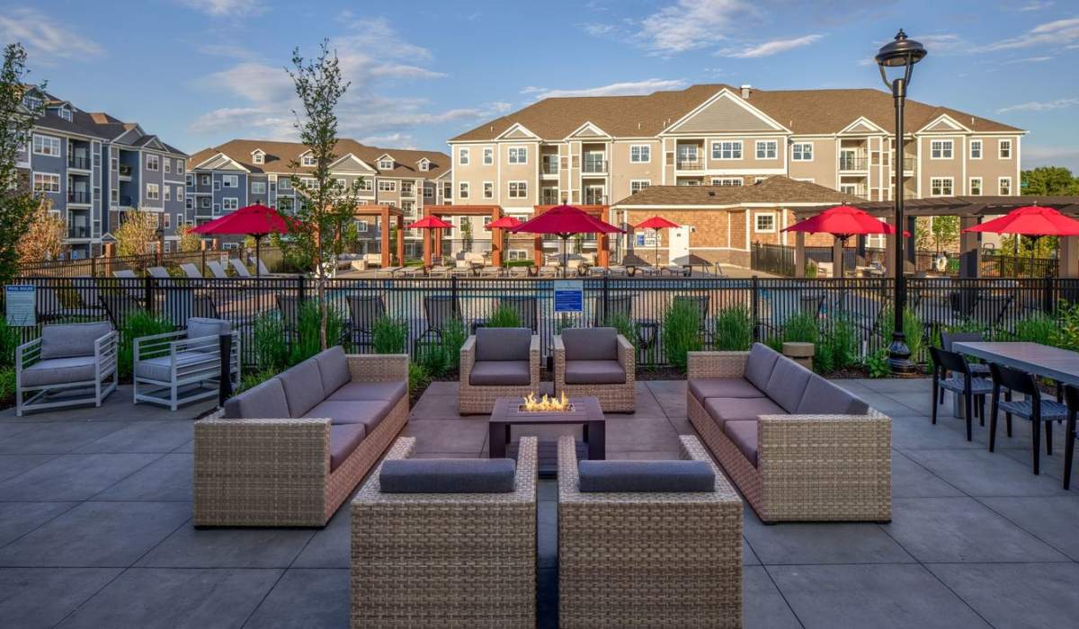 Outdoor lounge with fire pit at Ten Trumbull in Trumbull, Connecticut