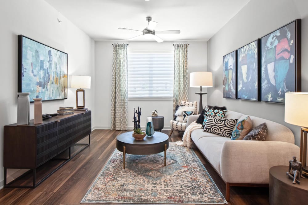 Well decorated living room at 32Hundred Windsor in Denton, Texas