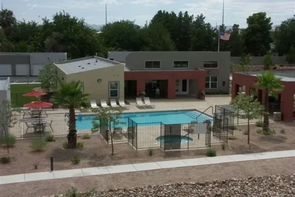 Rendering of aerial view of residents swimming pool at Los Pecos Senior Apartments in Las Vegas, Nevada