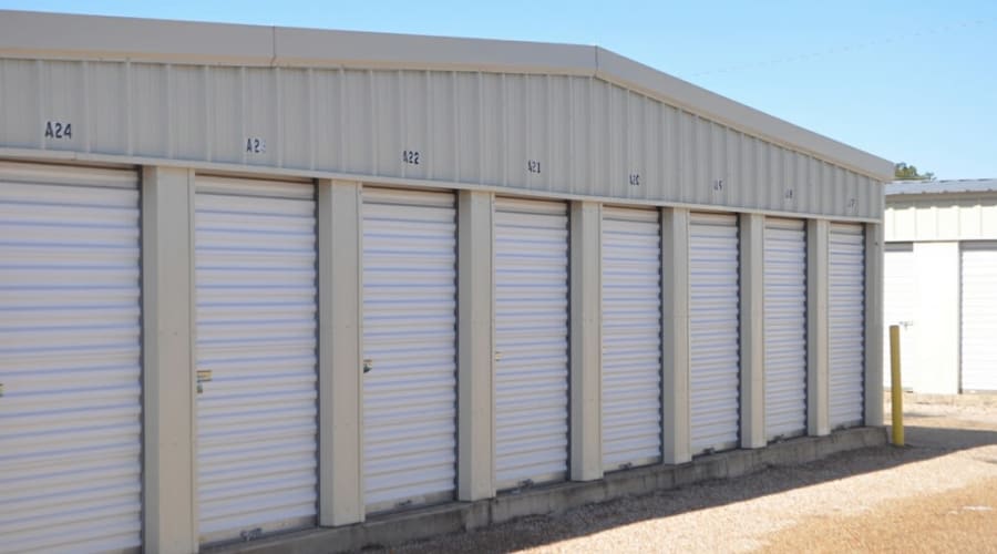 A storage unit filled with boxes at KO Storage in Granby, Missouri