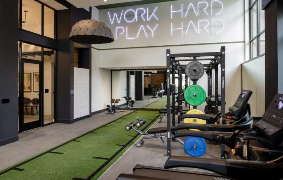 A well-equipped fitness center at The Maximilian at Stonefield in Charlottesville, Virginia