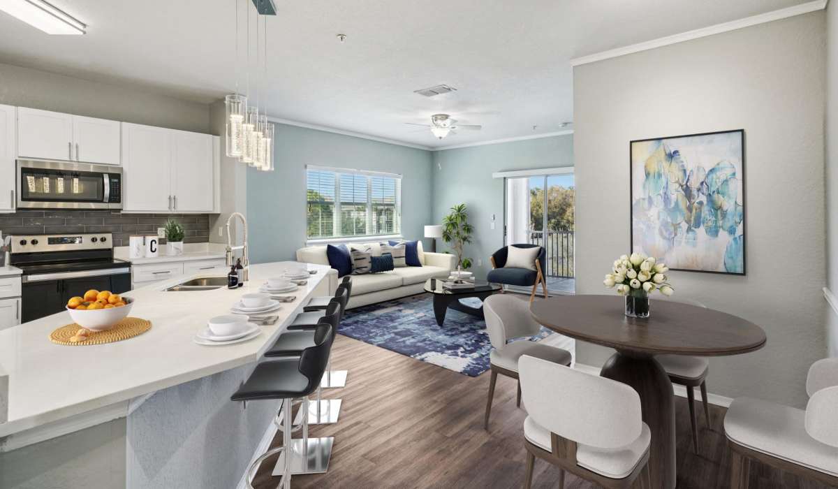 Open concept kitchen and living room at The Parq at Cross Creek in Tampa, Florida