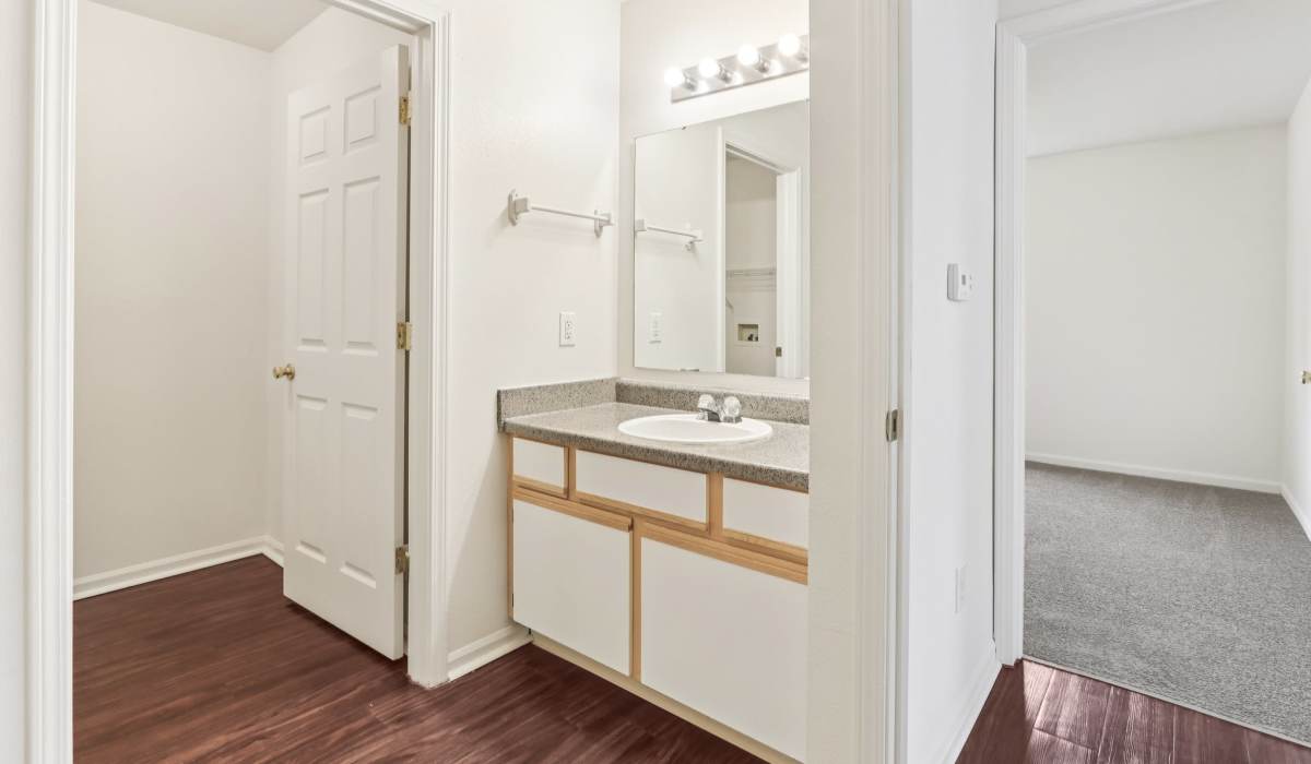 Bright bathroom at Broadway Village Apartments in Greenfield,Indiana