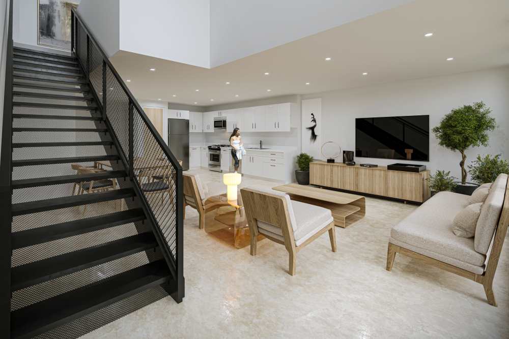 Apartment living room with premium features at The Bank Tower in Southgate, Michigan