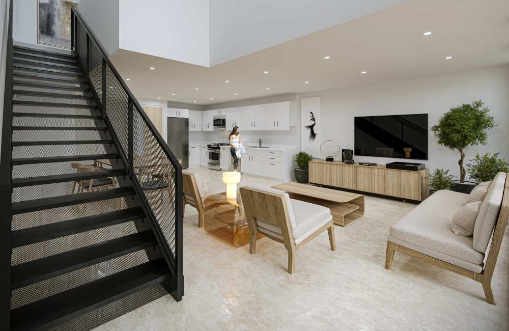 Modern living room at The Bank Tower in Southgate, Michigan