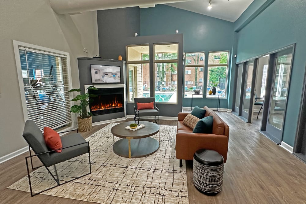 Clubhouse with a fireplace at West End Terrace Apartments in St. Louis, Missouri