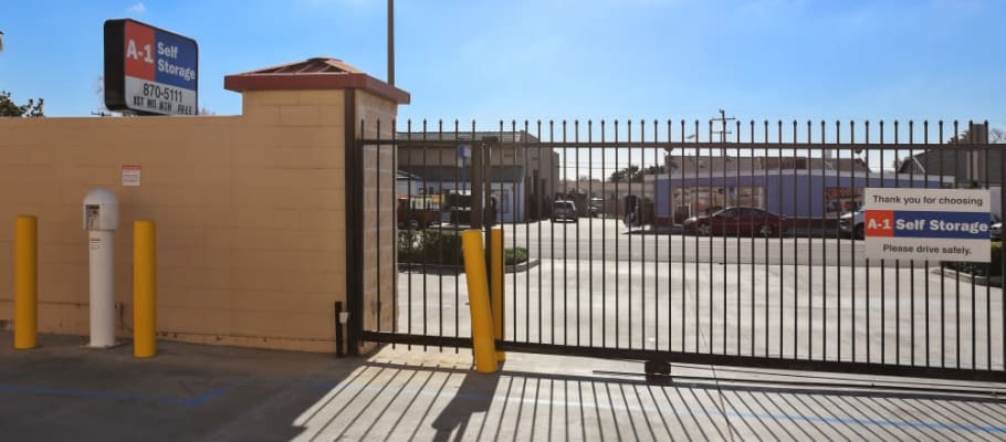 Gated entry to A-1 Self Storage in Fullerton, California