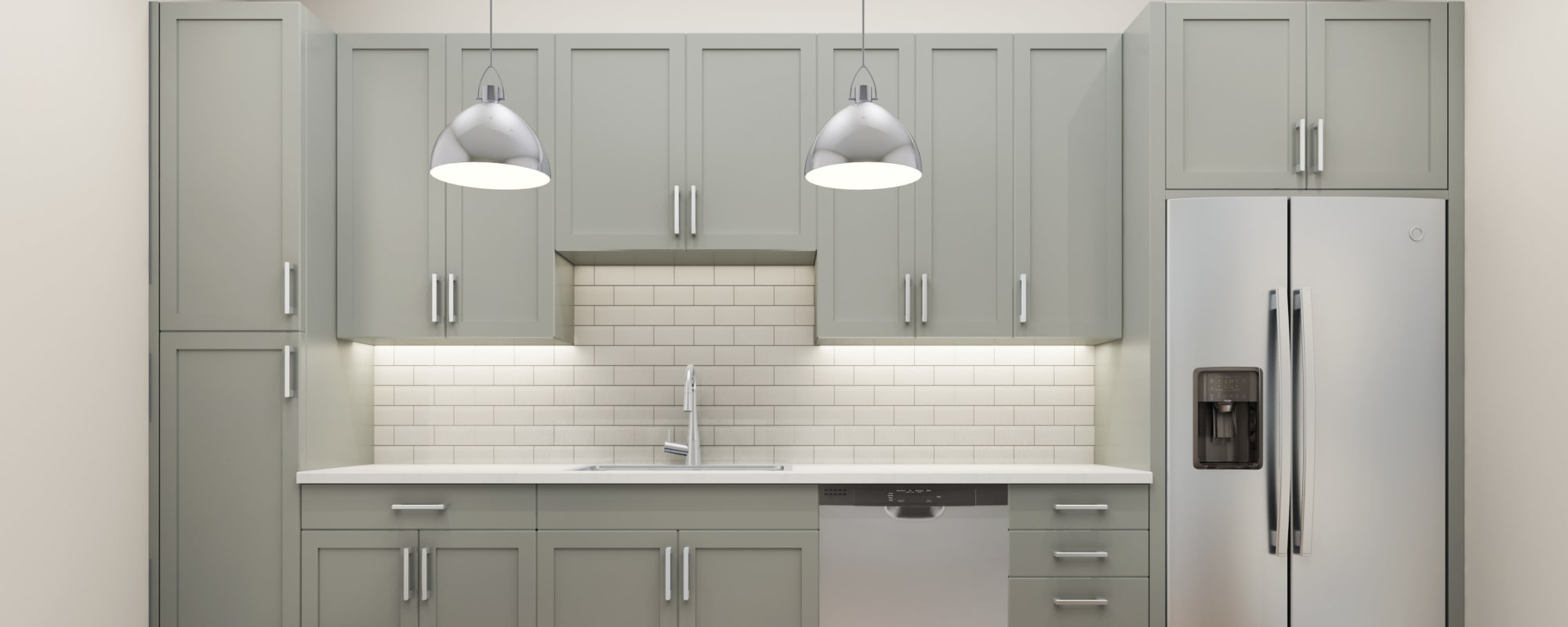 Kitchen interior with modern decor under white light at Crystal Springs in Fort Worth, Texas