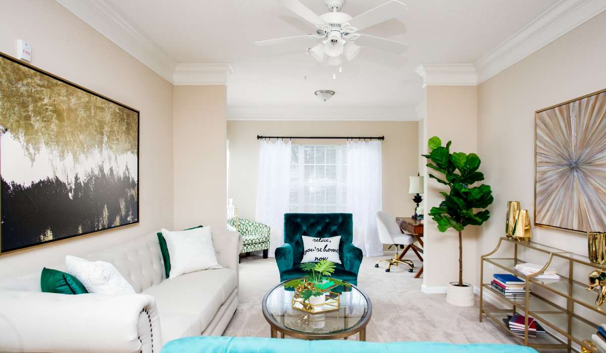 A cozy living room with a comfortable couch and access to balcony at Madison Park, Madison, Alabama