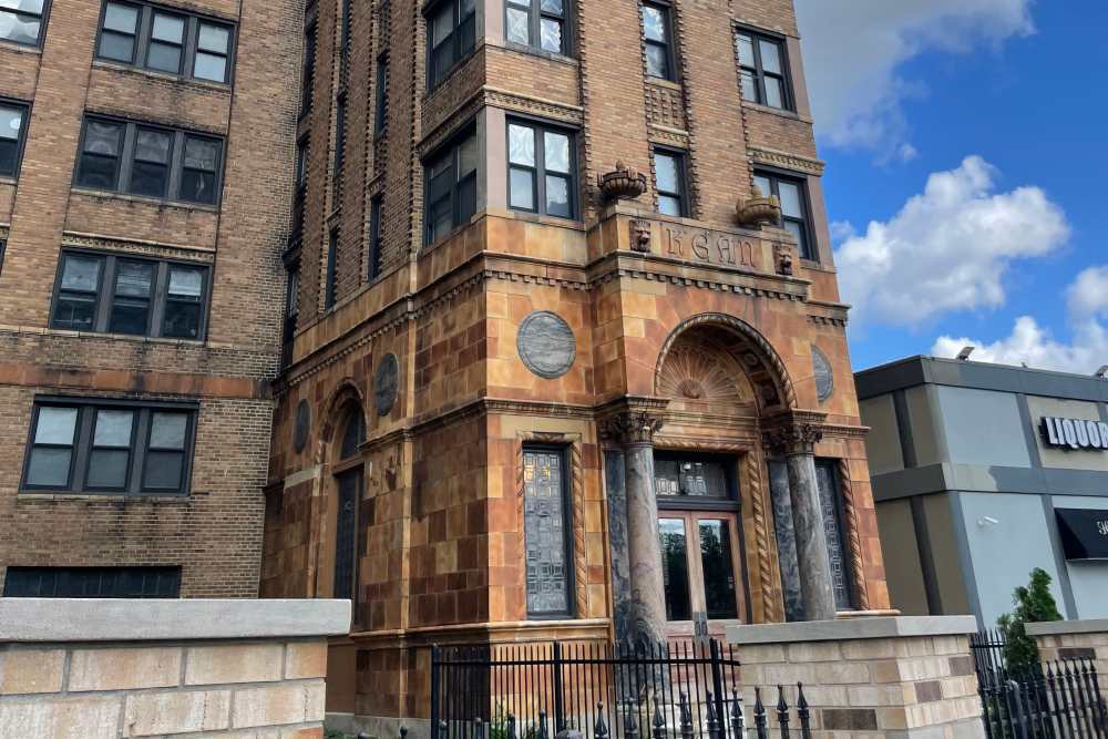 Building exterior with unique architecture at Detroit Living in Detroit,Michigan
