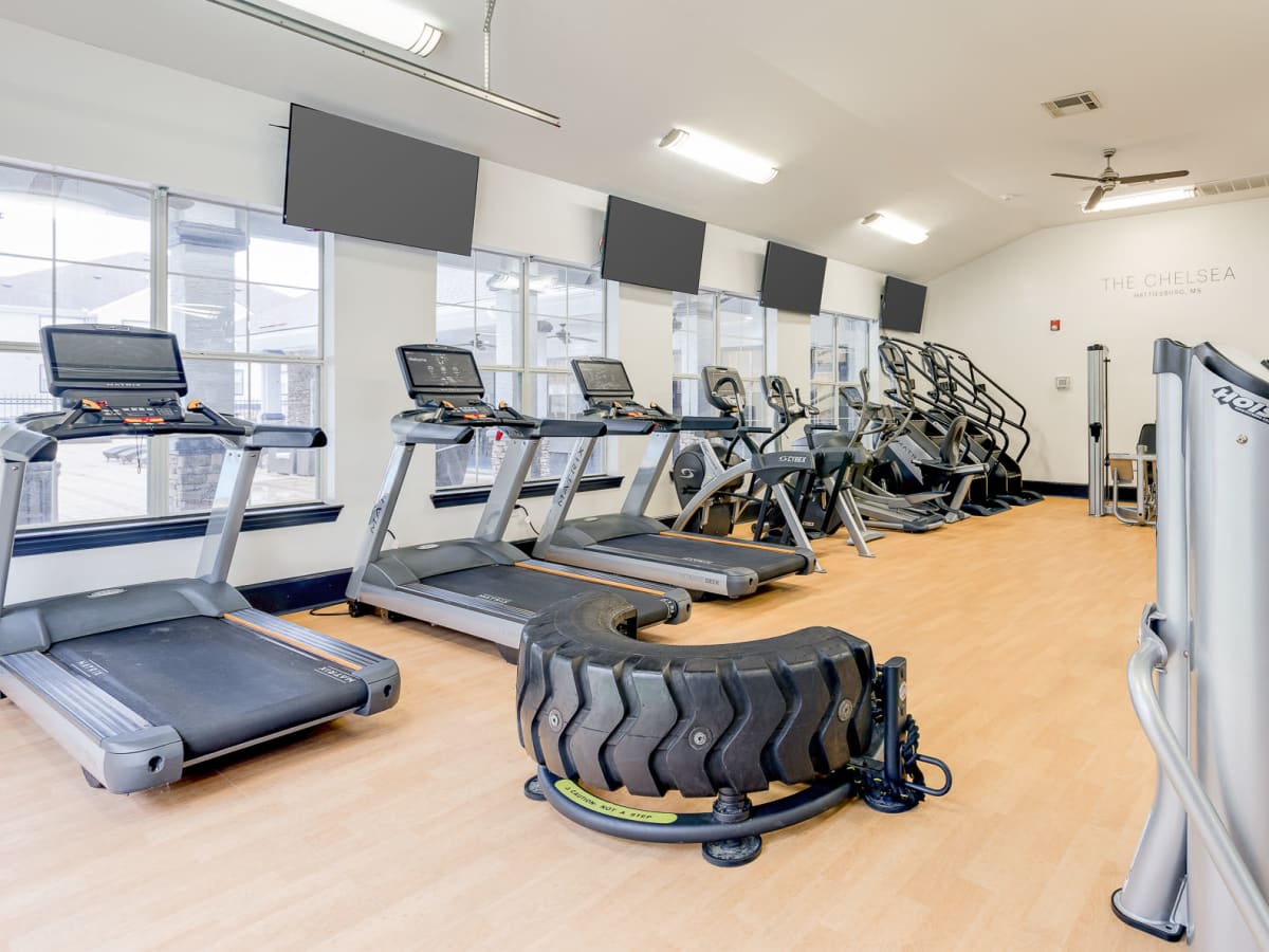 Well-equipped onsite fitness center at The Chelsea in Hattiesburg, Mississippi