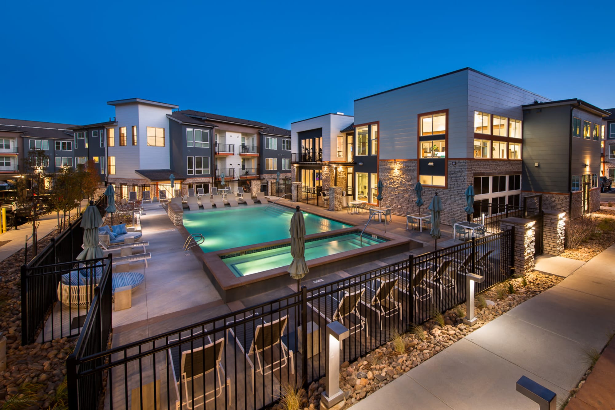 The pool at Elevate on a warm summer evening.