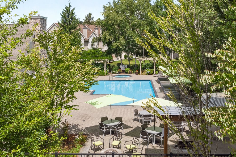 Beautiful resort-style swimming pool with lounge chairs and umbrellas at HighGrove Apartments in Everett, Washington