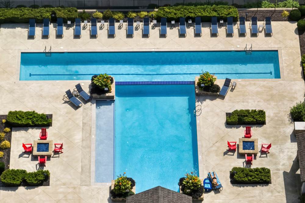 Aerial view of the pool at Boulders at Overland Park Apartments in Overland Park, KS
