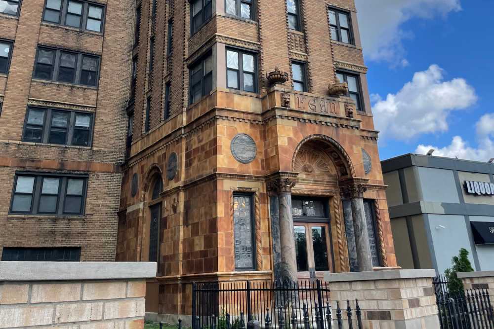 Building exterior with unique architecture at Detroit Living in Detroit,Michigan