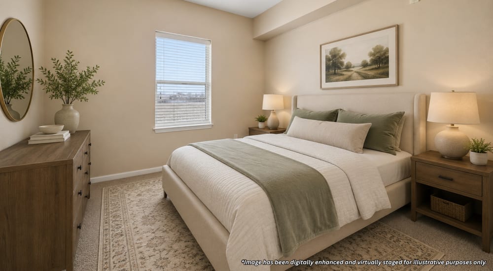 Digitally furnished bedroom with a window and carpeting at Windscape Apartments in Hobbs, New Mexico