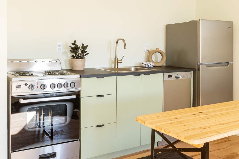 Cozy kitchen with light green toned cabinetry and appliances at Detroit Living in Detroit,Michigan