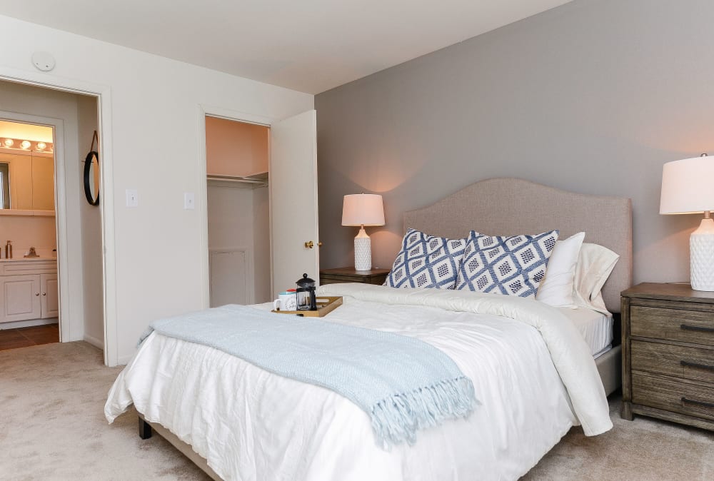 Bedroom with ensuite bathroom and walk-in closet at Country Village Apartment Homes in Dover, Delaware