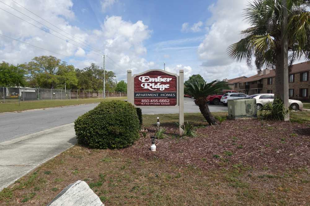 apartment building sign at Ember Ridge Apartments in Pensacola, Florida