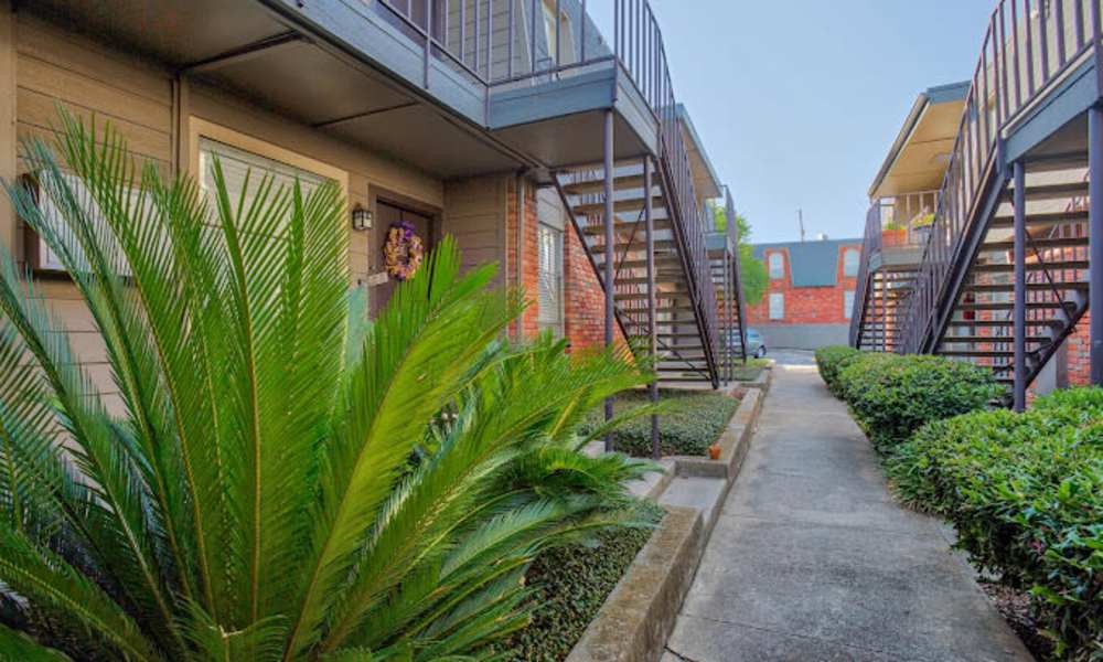 Apartment with stairs and greenery at McCart Apartment Homes in Fort Worth,Texas