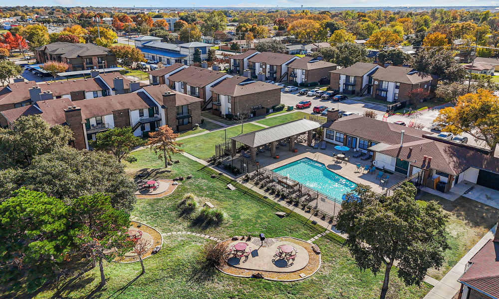 Aerial view of the apartments at Pine Oaks Apartments in Mesquite, Texas