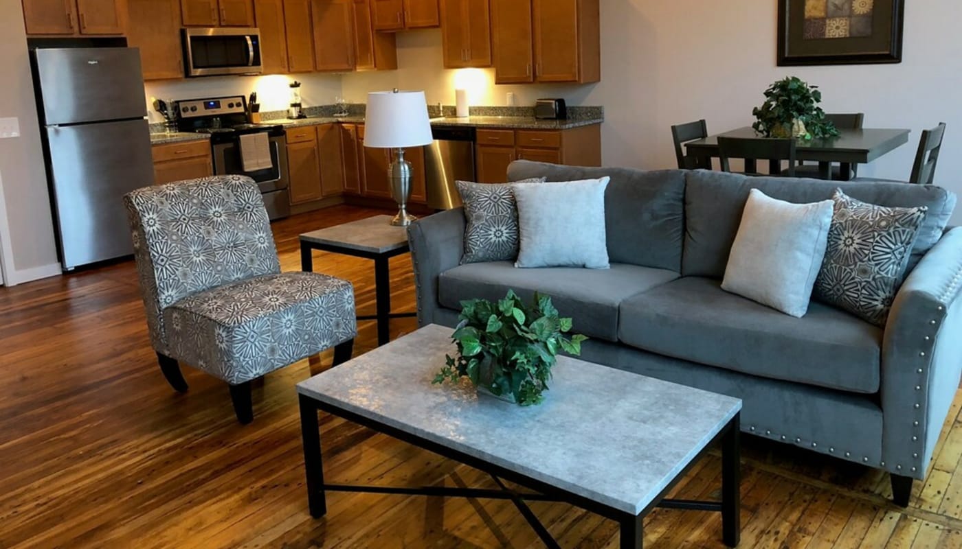 model apartment living room at Lofts by the Lake in Greer, South Carolina