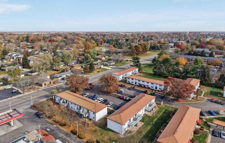 Aerial neighborhood view of Charleston Square Apartments in Columbus, Indiana