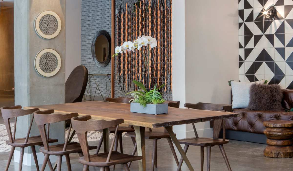 Modern furniture in community space at The Moran in Oakland, California