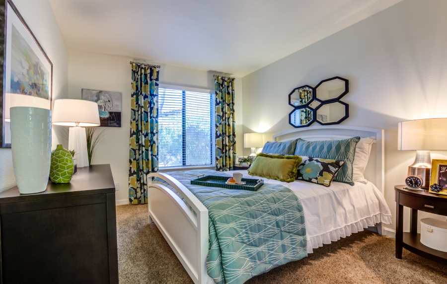 Modern bedroom at Cabrillo Apartments in Scottsdale, Arizona
