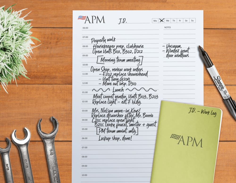 A view of a maintenance worker's day planner at a community managed by American Property Management in Bellevue, Washington