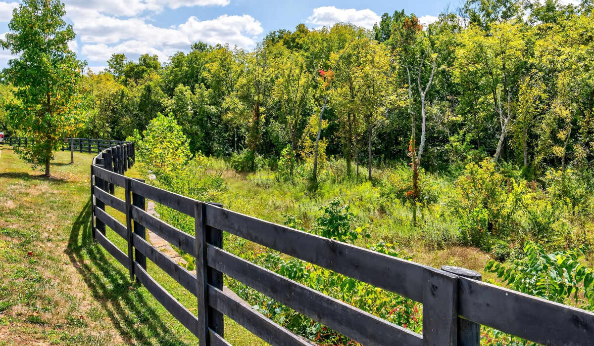 Bark park with greenery around at Palomar Woods in Lexington, Kentucky