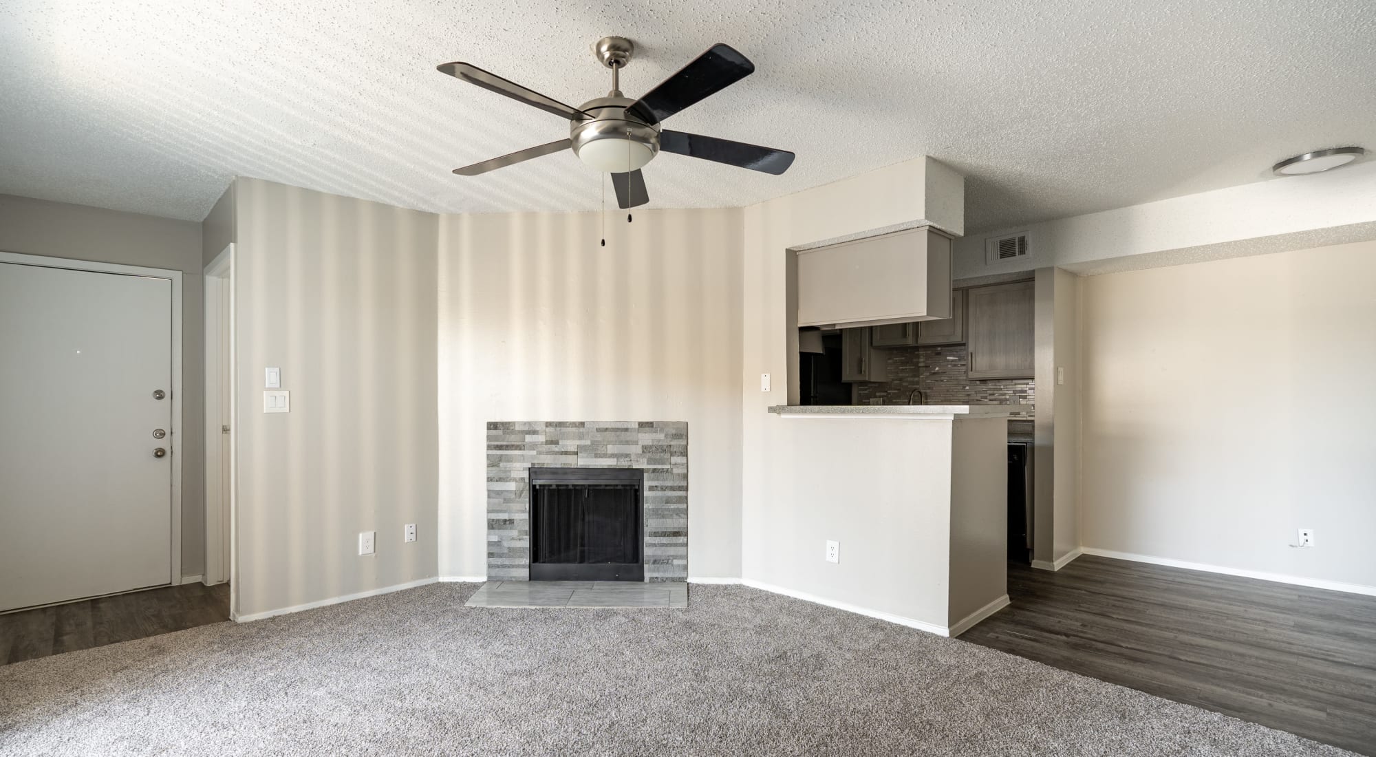 Fireplace at the living area at Victoria Station in Victoria, Texas