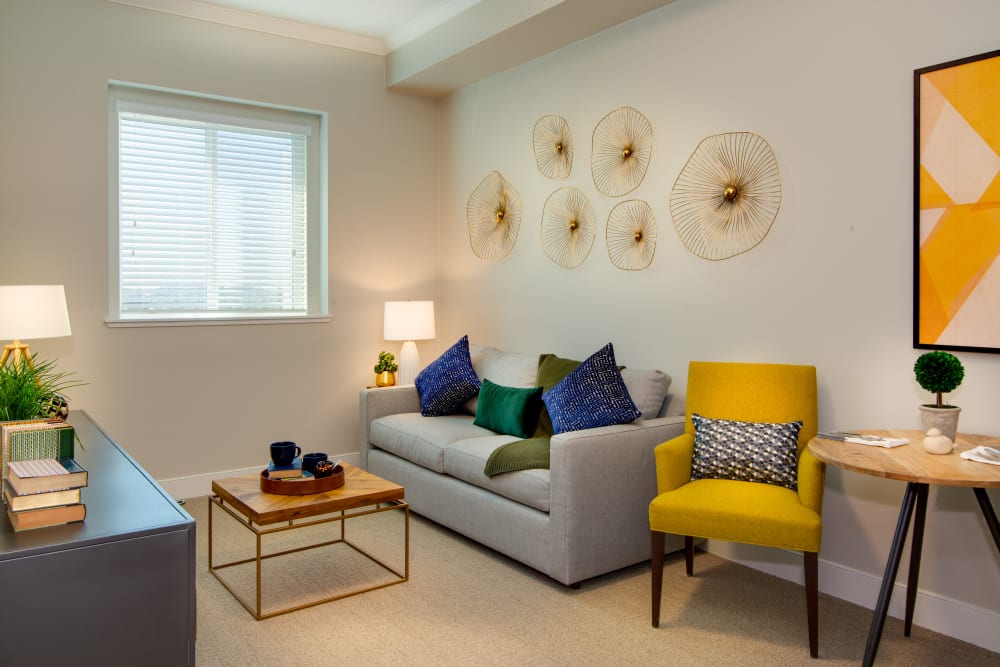 Colorful and comfortable living room at Sage Glendale in Glendale, California