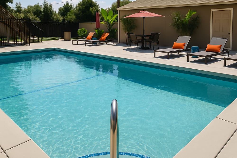 Swimming pool with lounge chairs, umbrella, and small building at Sunset Village in West Sacramento, California