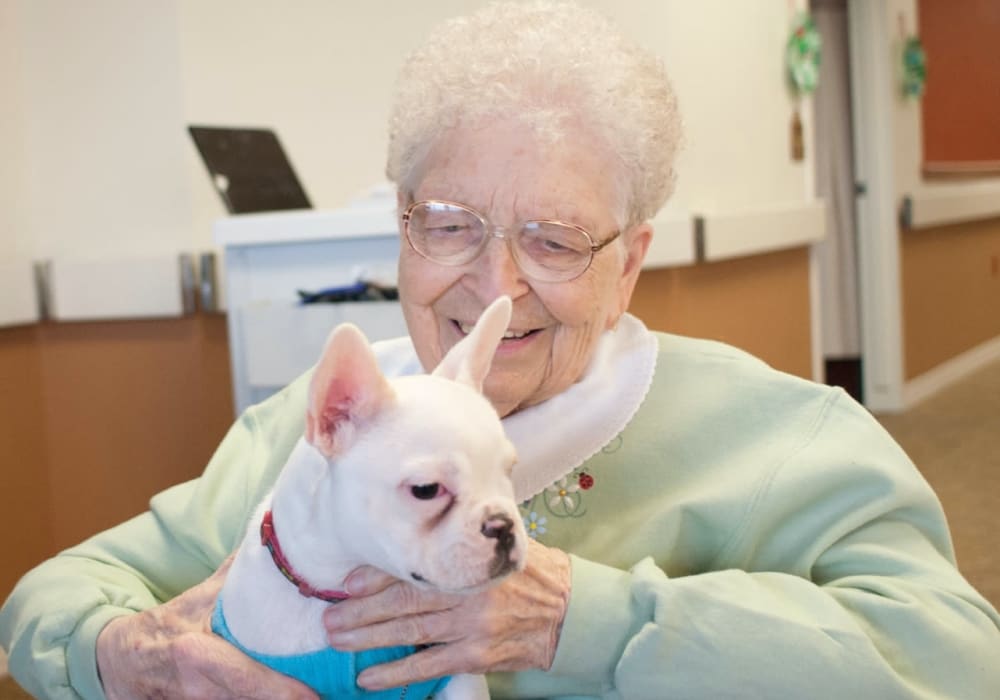 Resident enjoying a visit from their family dog at Edgerton Care Center in Edgerton, Wisconsin