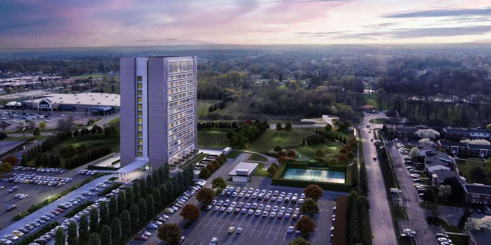 Evening view of community at The Bank Tower in Southgate, Michigan