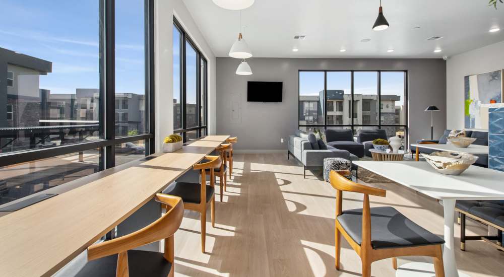 Coworking area with view of apartments at Retreat at Eastlake in El Paso, Texas