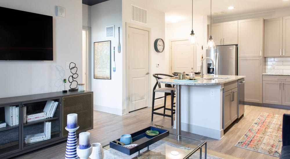 A furnished apartment bedroom at Foundry Yards in Birmingham, Alabama