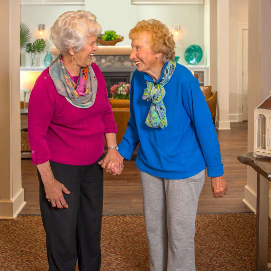 Two residents talking at Carefield Pleasanton in Pleasanton, California