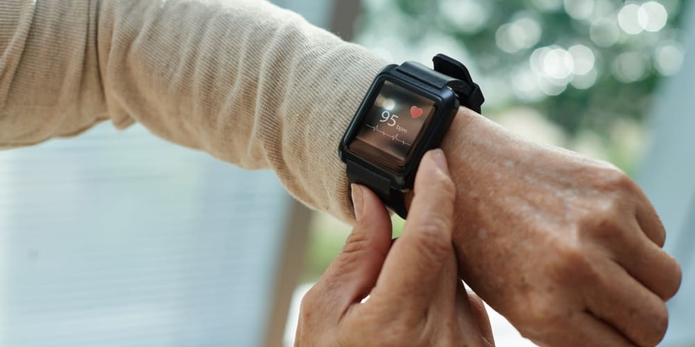 resident with smart watch at Vista Prairie Communities in Champlin, Minnesota