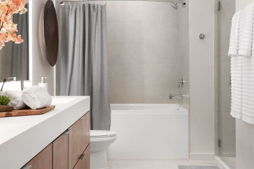 Bathroom with Bath tub ,waterfall faucet sink, and storage space at Ardan in Dallas, Texas