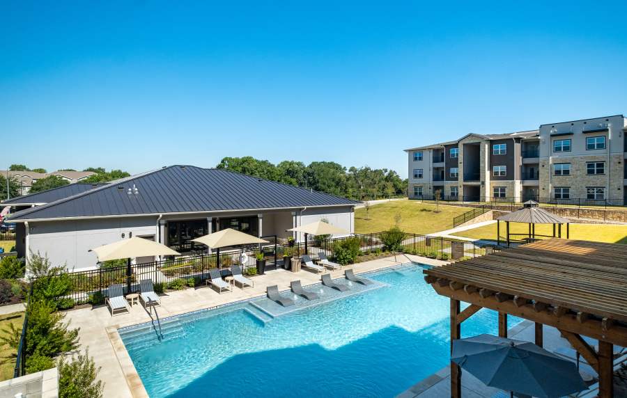 Aerial view of swimming pool at Terrace at Southern Oaks in Dallas, Texas