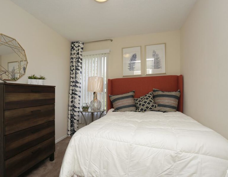 Model apartment bedroom at Acasă River Crest in Columbia, South Carolina