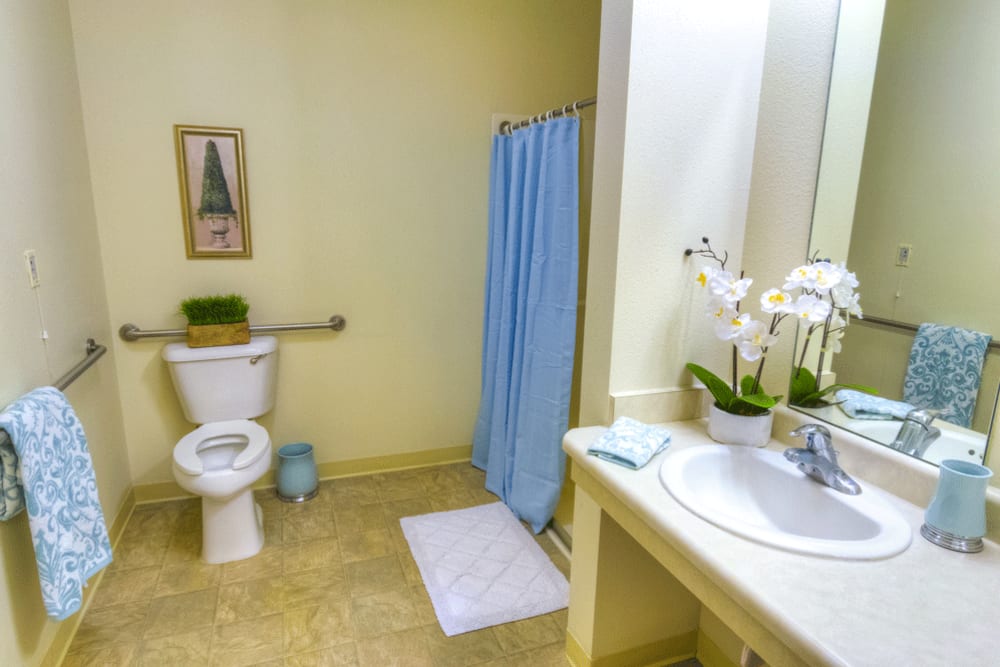 Private bathroom in assisted living apartment at The Meadows - Assisted Living in Elk Grove, California